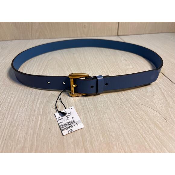 NWT Authentic Gucci Blue Leather Belt with Gold Buckle - Picture 5 of 10
